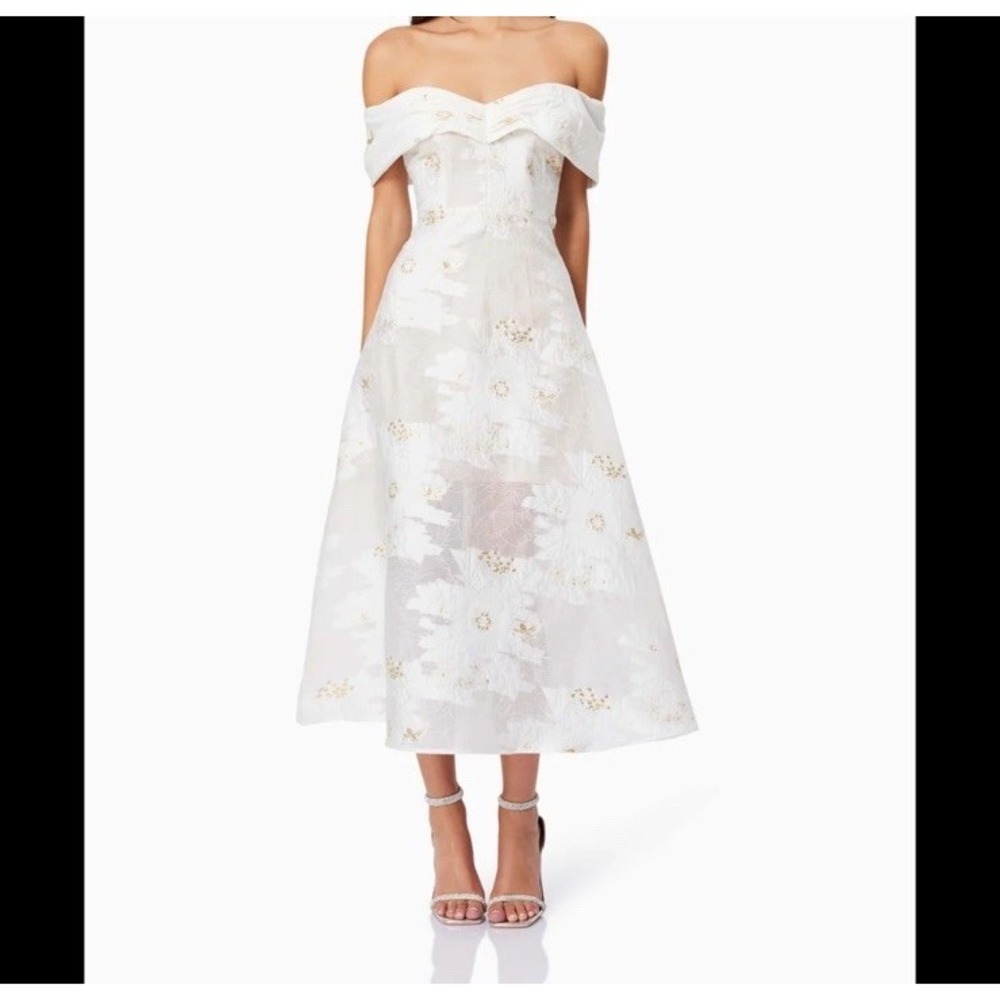 ELLIATT Women's Off Shoulder Floral Embroidered Midi Dress White Gold Size M